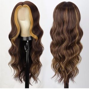 26” Brown Highlights Middle Part Synthetic Heat Resistant Fiber Wig